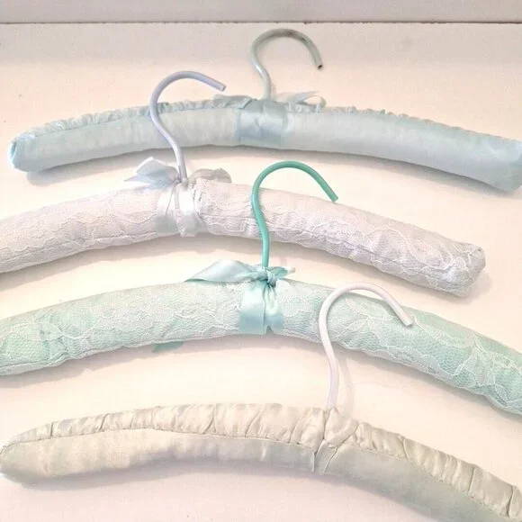 Blue & Green Padded Satin Lace Boudoir Lingerie Clothes Hangers 4 Lot - Picture 8 of 8